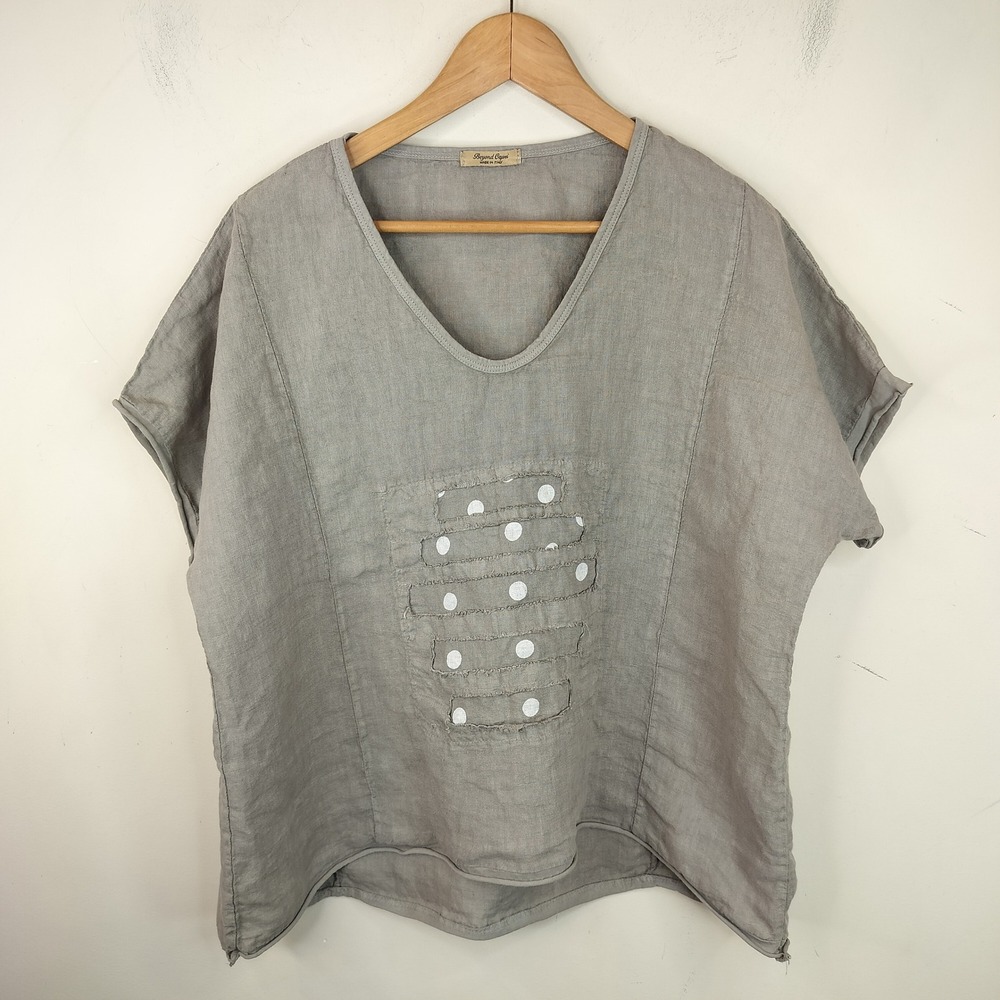 Beyond Capri Italy Linen Shirt Top One Size Womens Boxy Polka Dot Lagenlook